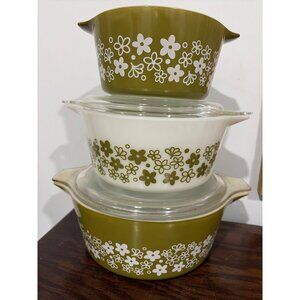 Pyrex Spring Blossom Pattern Mixing Bowl Set w/ Lids - VTG Green & White Floral